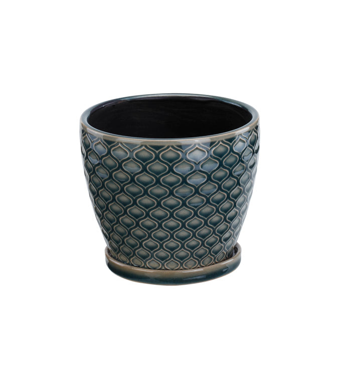 4.5" Blue Lattice Ceramic Pot with Saucer