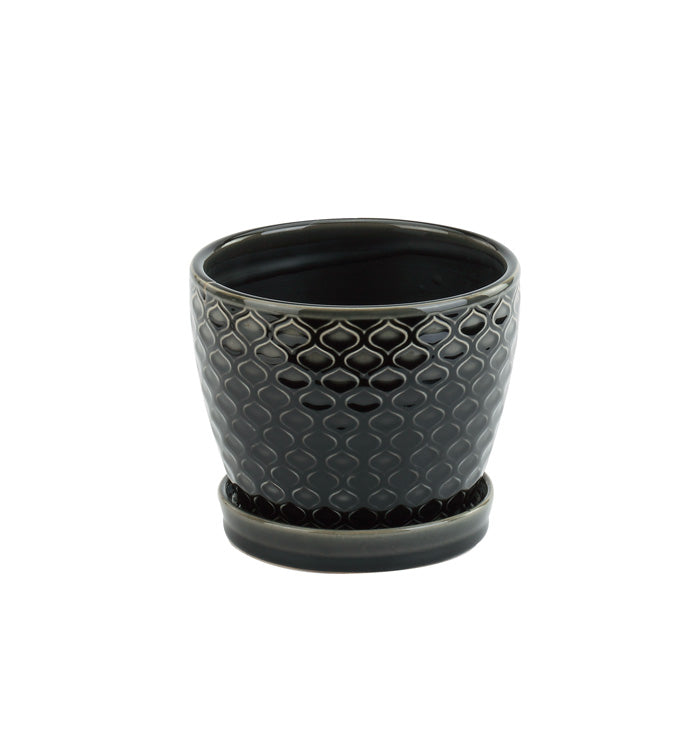4.5" Black Laser Ceramic Pot with Saucer