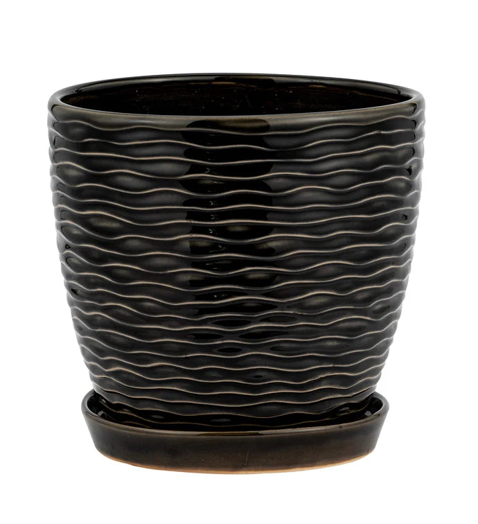 7.25" Black Wave Pot with Saucer