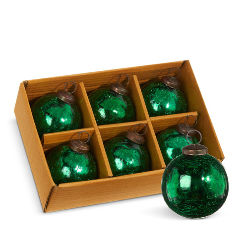 3" Green Crackle Ornaments Box of 6