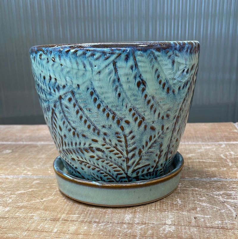 4.5" Green Fern Leaf Ceramic Pot with Saucer