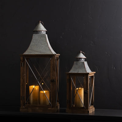 22-33.5"H Galvanized Top Wood Lantern