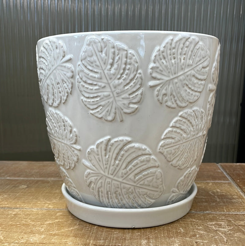 White Monstera Leaf Pot with Saucer