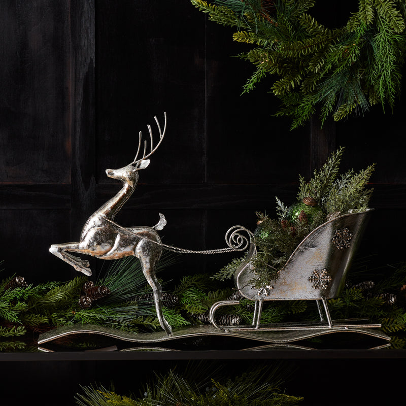 Shiny Metal Reindeer and Sleigh Figurine
