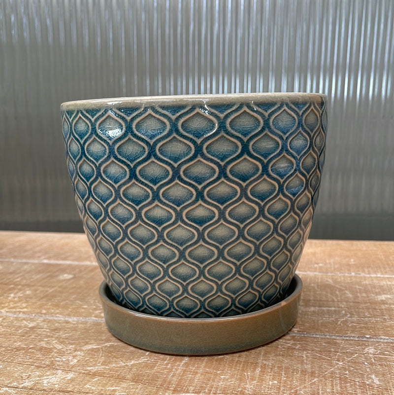 4.5" Blue Lattice Ceramic Pot with Saucer