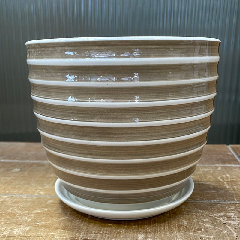 6.25" Taupe/White Striped Pot with Saucer