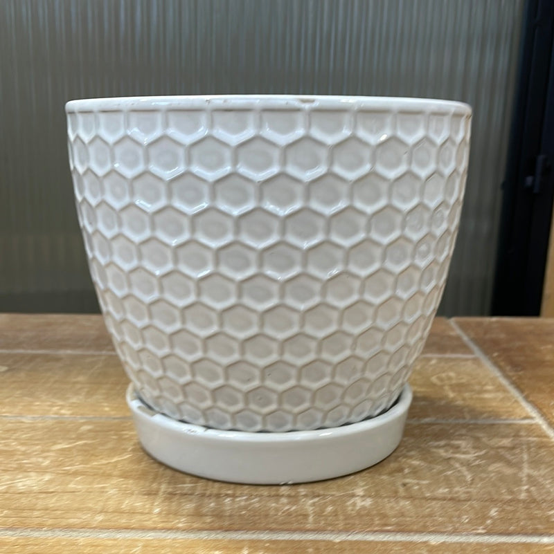 White Honeycomb Pot with Saucer