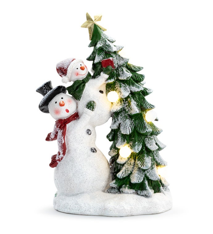 LED Snowmen with Tree Figurine