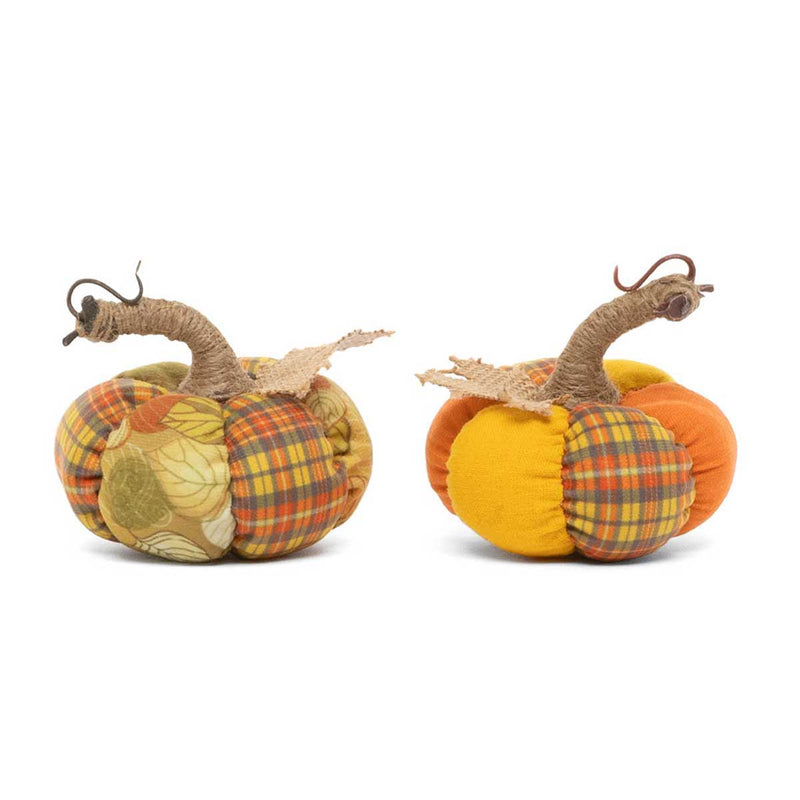 4" Patchwork Plush Pumpkin with Burlap Leaf