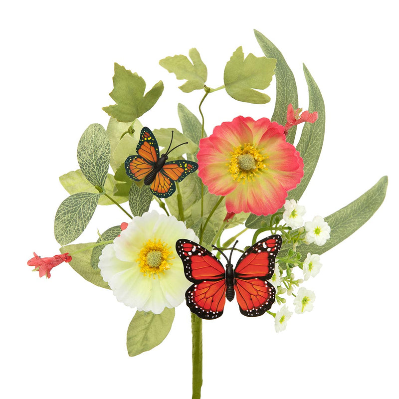 11" Coral Poppy and Butterfly Pick